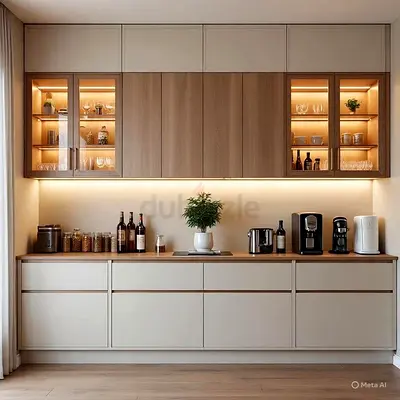 Modern built-in kitchen cabinets (wall + base) – light oak  cream