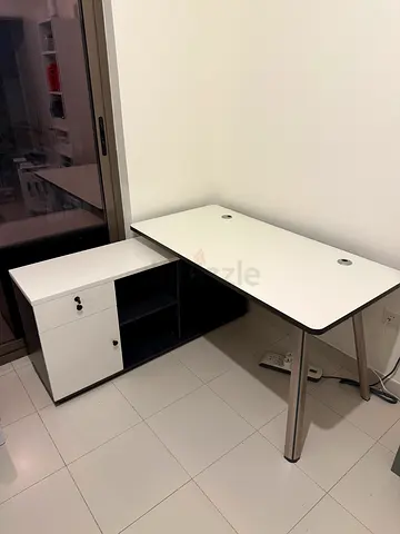 White L-shaped Office Desk with Storage Cabinet