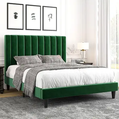 Green Velvet Upholstered Bed Frame with Tall Channel Headboard