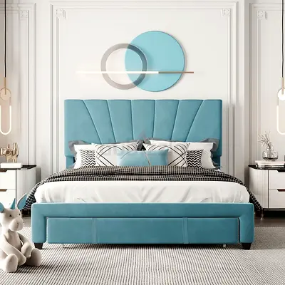 Blue upholstered bed with tall headboard