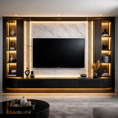 Modern built-in entertainment unit with LED-lit shelves and marble back panel
