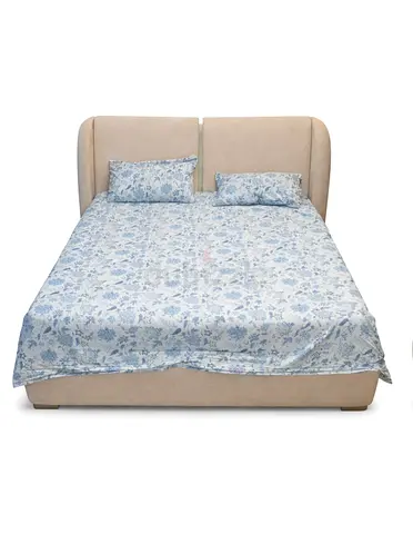 Beige upholstered bed with padded headboard and hydraulic storage