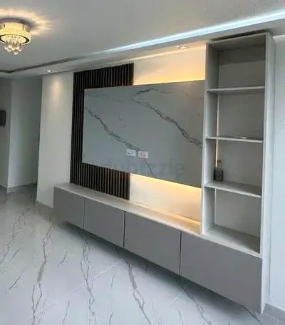 Modern built-in TV entertainment unit with LED backlight and storage