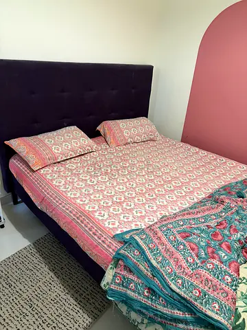 Tufted upholstered bed frame with headboard — used, good condition with mattress and comforter