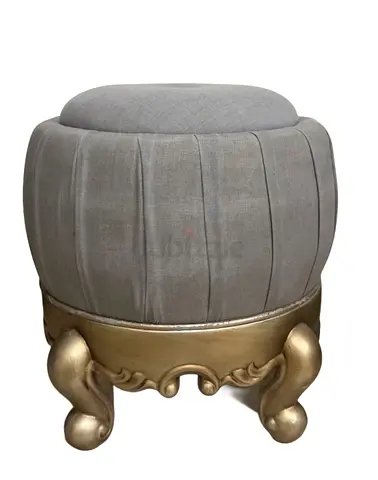 Round Grey Upholstered Ottoman / Vanity Stool with Gold Carved Base