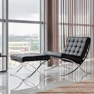 Barcelona-style Black Leather Lounge Chair with Ottoman (Chrome Frame) from Object of Design