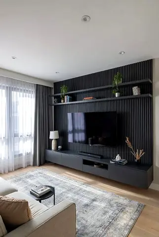 Modern black floating TV unit with slatted feature wall and shelves