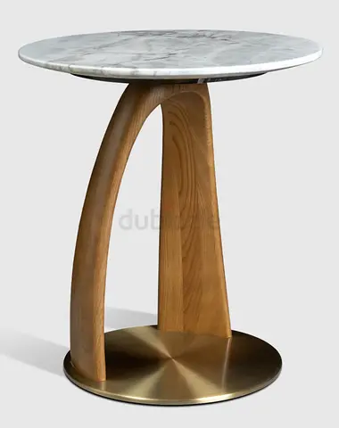 My round marble-top side table with wooden arch and brass base
