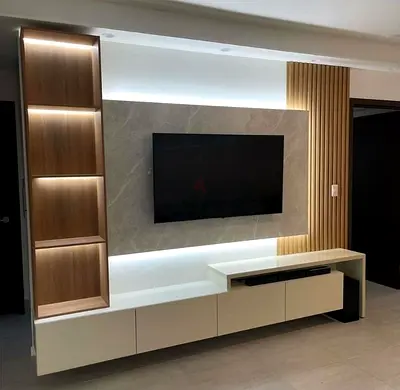 Modern wall-mounted TV entertainment unit with LED lighting