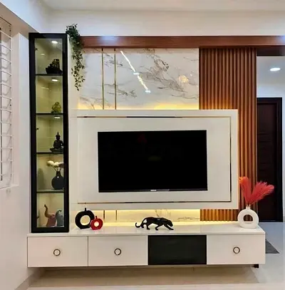 Modern wall-mounted entertainment center with backlit marble panel