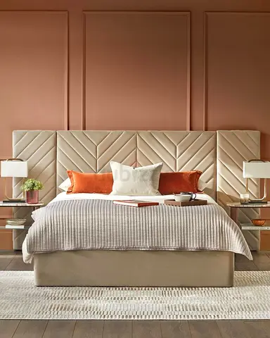 Beige Upholstered King Size Bed with Chevron Headboard