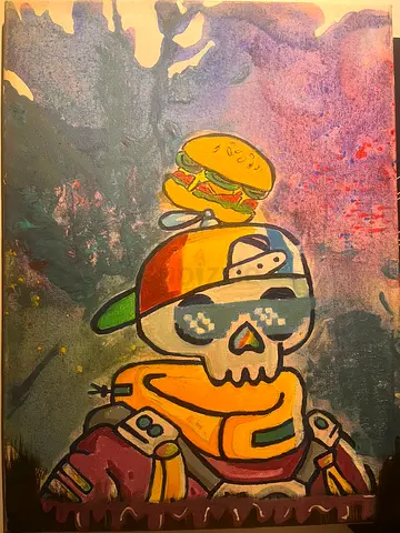 painting skull with a burger hat niche type