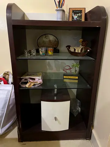 Dark Wood Entertainment Unit with Glass Shelves and Drawer