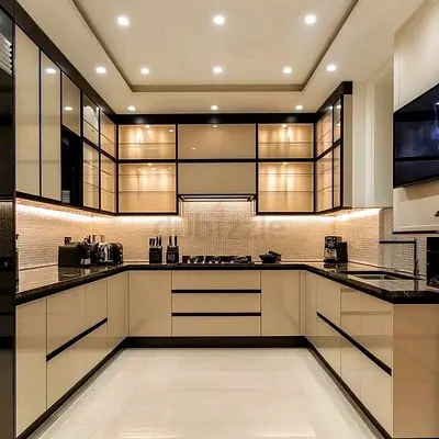 L-shaped modern kitchen cabinets with black granite countertops - excellent condition