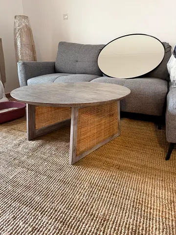 round nesting coffee tables with rattan panels