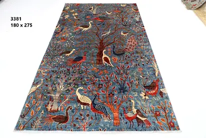 6*9ft 1.8x2.8m afghan Handwoven blue rug with bird motif — 180 x 275 cm