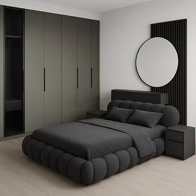 Modern dark grey upholstered bed with wardrobe and nightstands (complete bedroom set)
