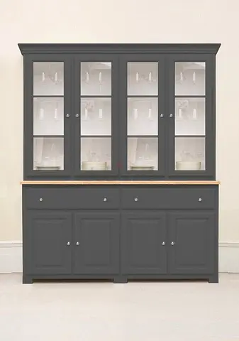 My grey wood display cabinet / hutch with glass doors and drawers
