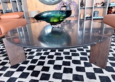 Marina Home Marble Top Round low-profile coffee table with wood legs