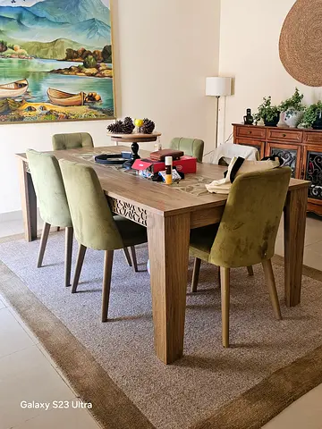 Wooden Dining Table with Olive-Green 6 Upholstered Chairs