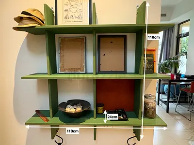 Green wooden wall shelf unit - 3-tier display/storage (110cm x 110cm)