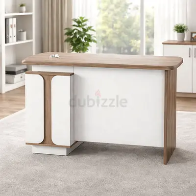 Khakie Office Desk with Lockable Drawers - Wooden Office Table with Cable Management For Office