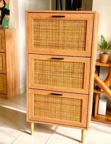 Three-Door Rattan Front Shoe Cabinet / Storage Cupboard - Light Wood