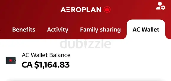 Air Canada airlines voucher Aeroplan AC Wallet Balance - CA $1,164.83 (Transferable?)