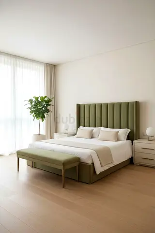 Upholstered King Size Bed with Padded Headboard  Olive Green