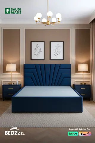 Modern Blue Upholstered Bed Frame with Padded Headboard - King Size