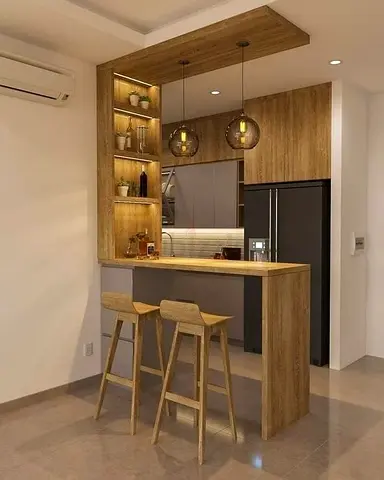 Compact Wooden Kitchen Island with Built-in Shelves and Breakfast Bar