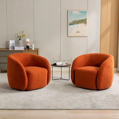 Pair of Modern Orange Bouclé Lounge Chairs - Comfortable Accent Chairs
