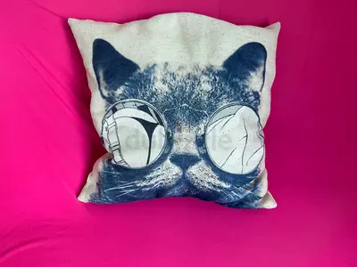 Decorative Cat Print Cushion Pillow - Beige/Blue, 45x45cm