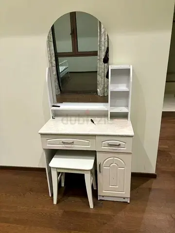 White Wooden Dressing Table with Mirror, Stool and Side Shelves - Good Condition