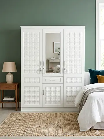 White 3-Door Wardrobe with Mirror - Good Condition