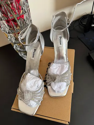 Silver Dune Heeled Sandals with Rhinestone Knot Detail - Size 8/41 , brand dune