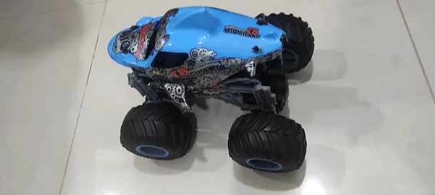 Blue monster truck toy used, large wheels Monster Jam Megalodon STORM remote-controlled monster tr