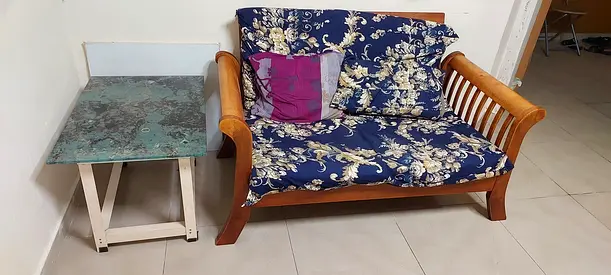 Solid Wood Two-Seater Sofa with Cushions + Side Table (used)