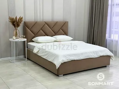 Modern Upholstered Double Bed with Padded Headboard