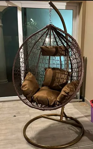 Hanging Egg Swing Chair with Stand — Brown Rattan Style, Cushioned