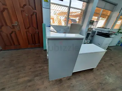 Compact White Reception Desk with Storage Cabinet - Good Condition