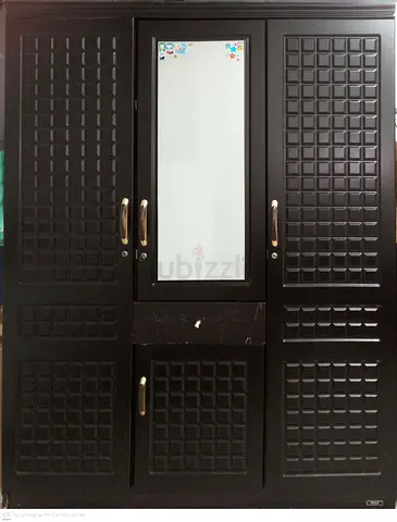 Dark Wooden 3-Door Wardrobe with Mirror on the Door
