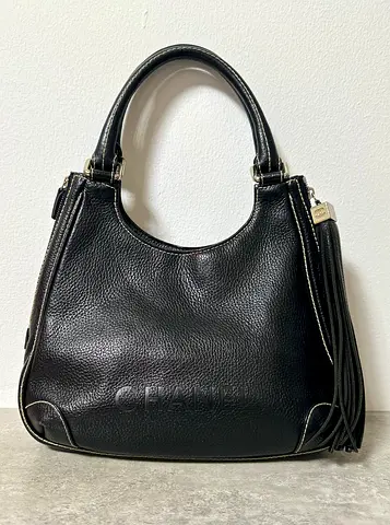 Black Leather Shoulder Bag with Tassel - Classic Everyday Handbag