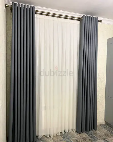 Dark Grey Blackout Curtains with Sheer White Inner Panels - Pair