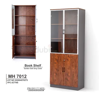 Tall Wood  Glass Bookcase / Office Storage Cabinet - Golden Oak Grey (L80 x D40 x H200 cm)