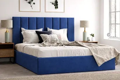 Brand New Blue fabric upholstered bed frame with padded vertical headboard