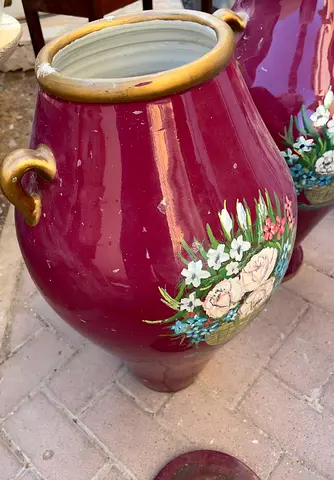 Three Pair of large hand-painted burgundy ceramic floor vases