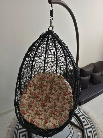 Rattan Egg Hanging Chair with Stand and Floral Cushion