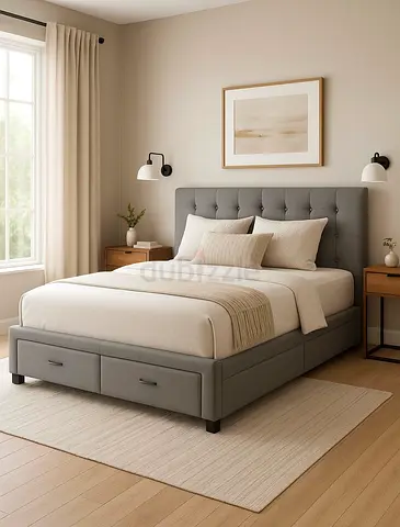 Grey Upholstered Bed Frame with Storage Drawers and Tufted Headboard