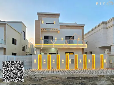 For sale: luxury villa in Al Yasmin Ajman, opposite mosque, 5 master bedrooms, 3 floors, land 3000 sq ft, built 3215 sq ft, stone facade